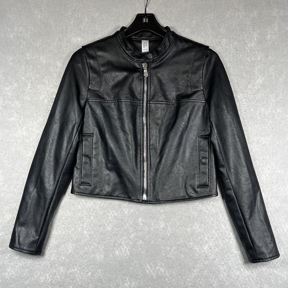 Spanx Faux Leather Jacket Women’s Small Black Motorcycle Style Smooth Full Zip